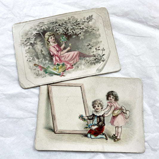 Late 19th - Two Victorian Chromolithograph Decorative Cards - Young Woman And Children Prints - Vintage Scrapbooking Ephemera Art