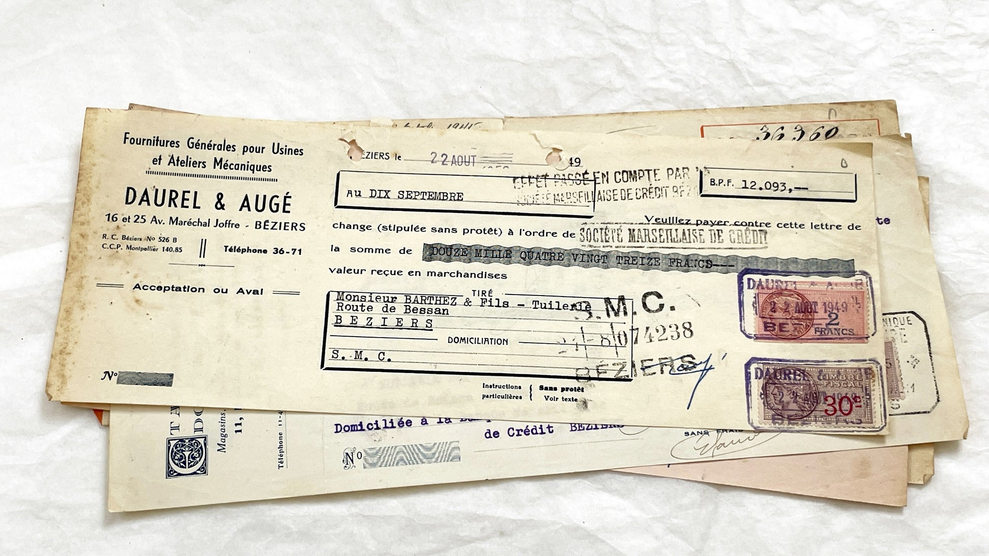 1940s - Lot of 6 Vintage French Bills of Exchange – Handwritten Commercial Documents with Stamps