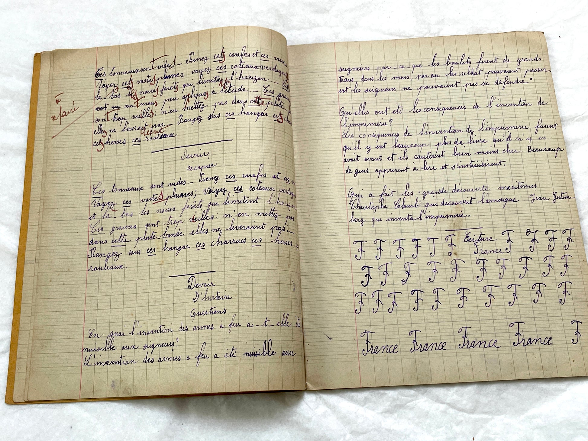 1920s - French School Notebook - Young Girl's Handwritten Lessons in French, Geography, and Math - Vintage Education Ephemera
