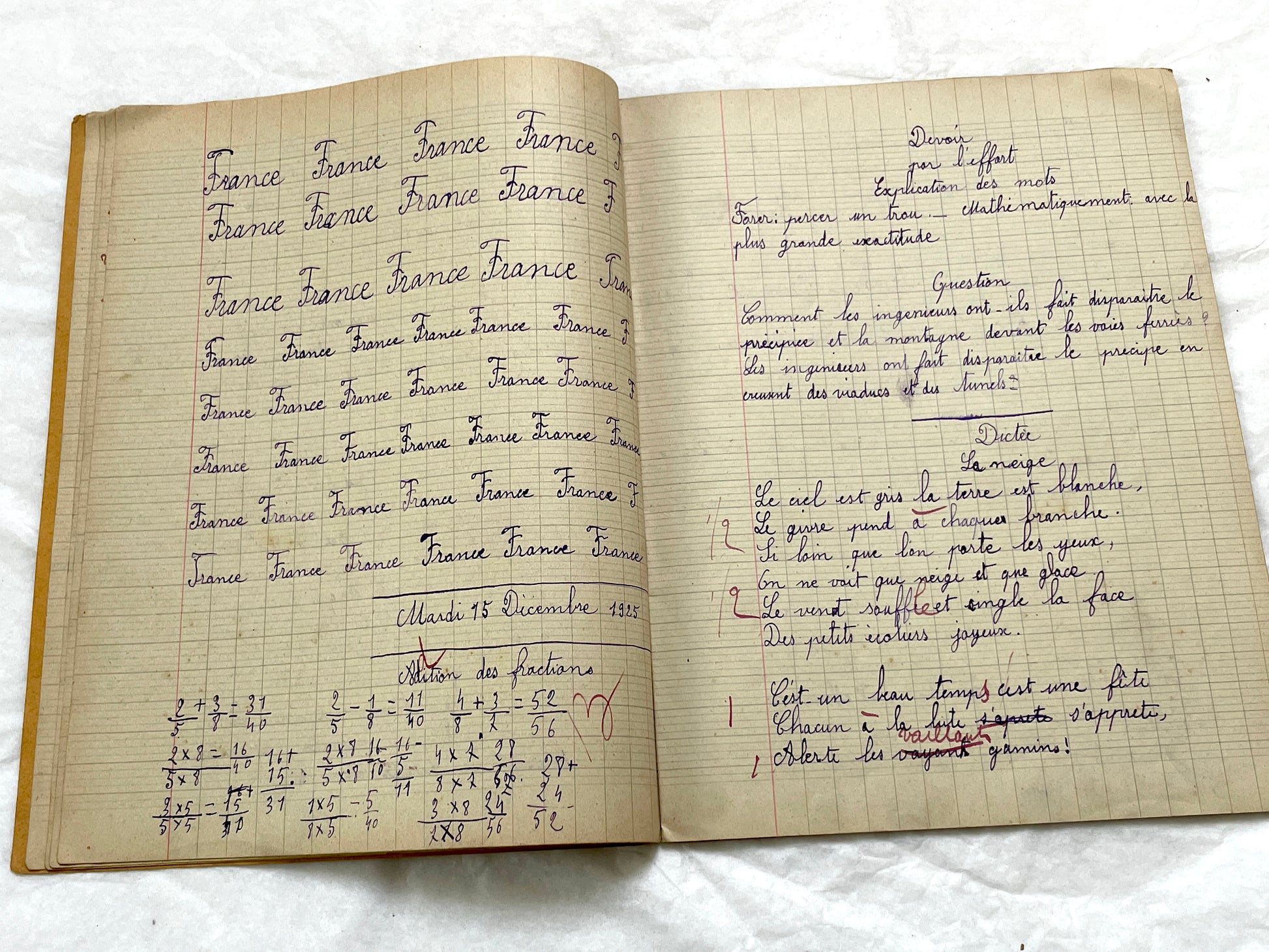 1920s - French School Notebook - Young Girl's Handwritten Lessons in French, Geography, and Math - Vintage Education Ephemera