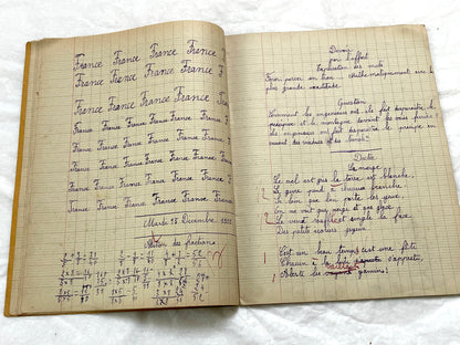 1920s - French School Notebook - Young Girl's Handwritten Lessons in French, Geography, and Math - Vintage Education Ephemera