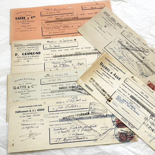 1940s - Lot of 6 Vintage French Bills of Exchange – Handwritten Commercial Documents with Stamps