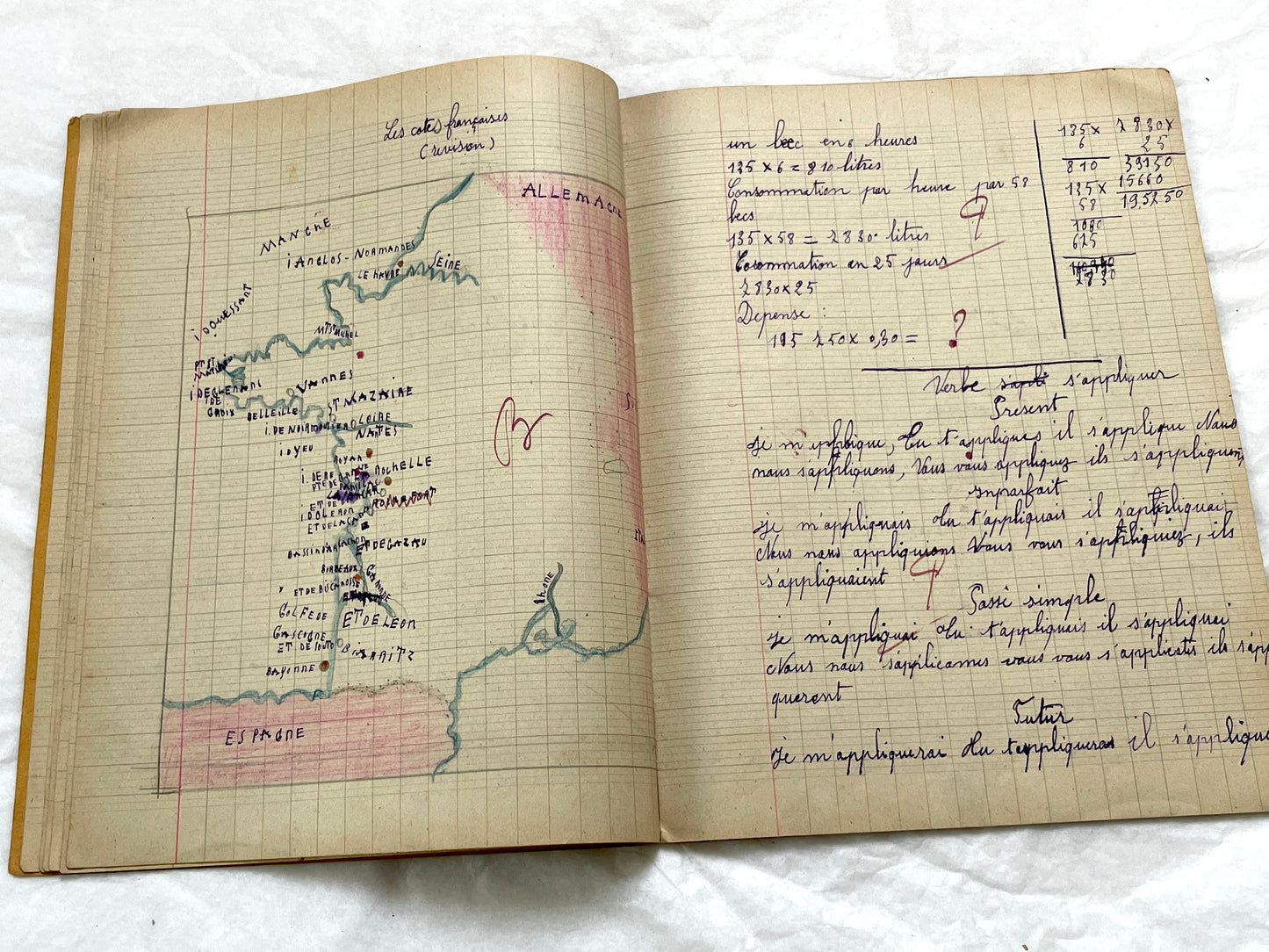 1920s - French School Notebook - Young Girl's Handwritten Lessons in French, Geography, and Math - Vintage Education Ephemera