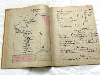 1920s - French School Notebook - Young Girl's Handwritten Lessons in French, Geography, and Math - Vintage Education Ephemera