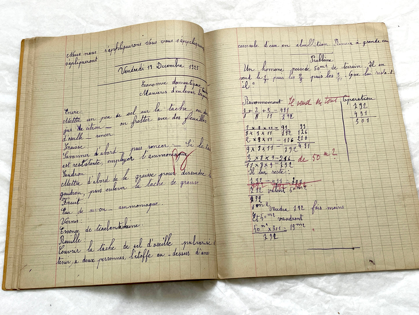 1920s - French School Notebook - Young Girl's Handwritten Lessons in French, Geography, and Math - Vintage Education Ephemera