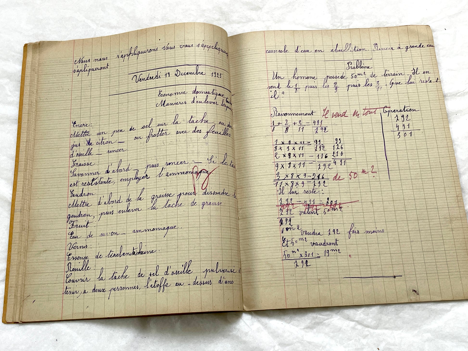 1920s - French School Notebook - Young Girl's Handwritten Lessons in French, Geography, and Math - Vintage Education Ephemera