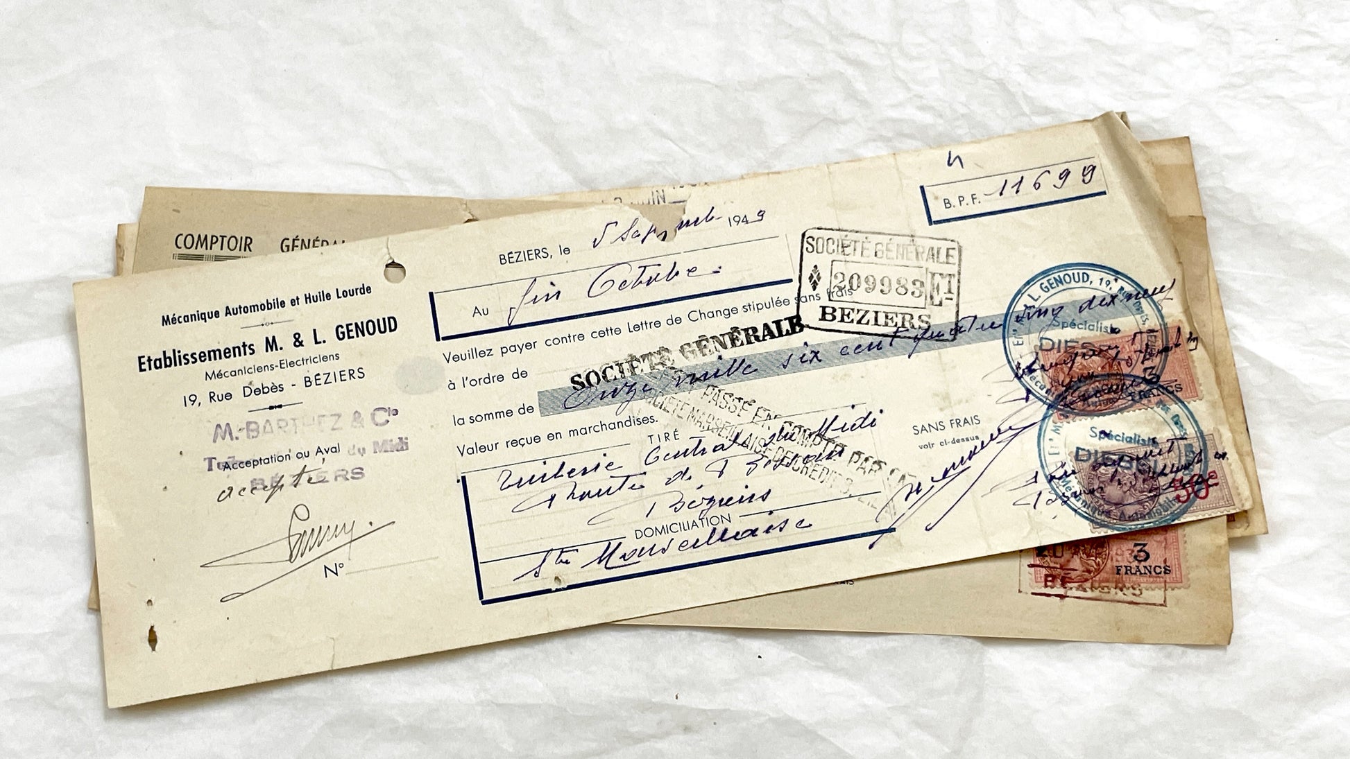 1940s - Lot of 6 Vintage French Bills of Exchange – Handwritten Commercial Documents with Stamps