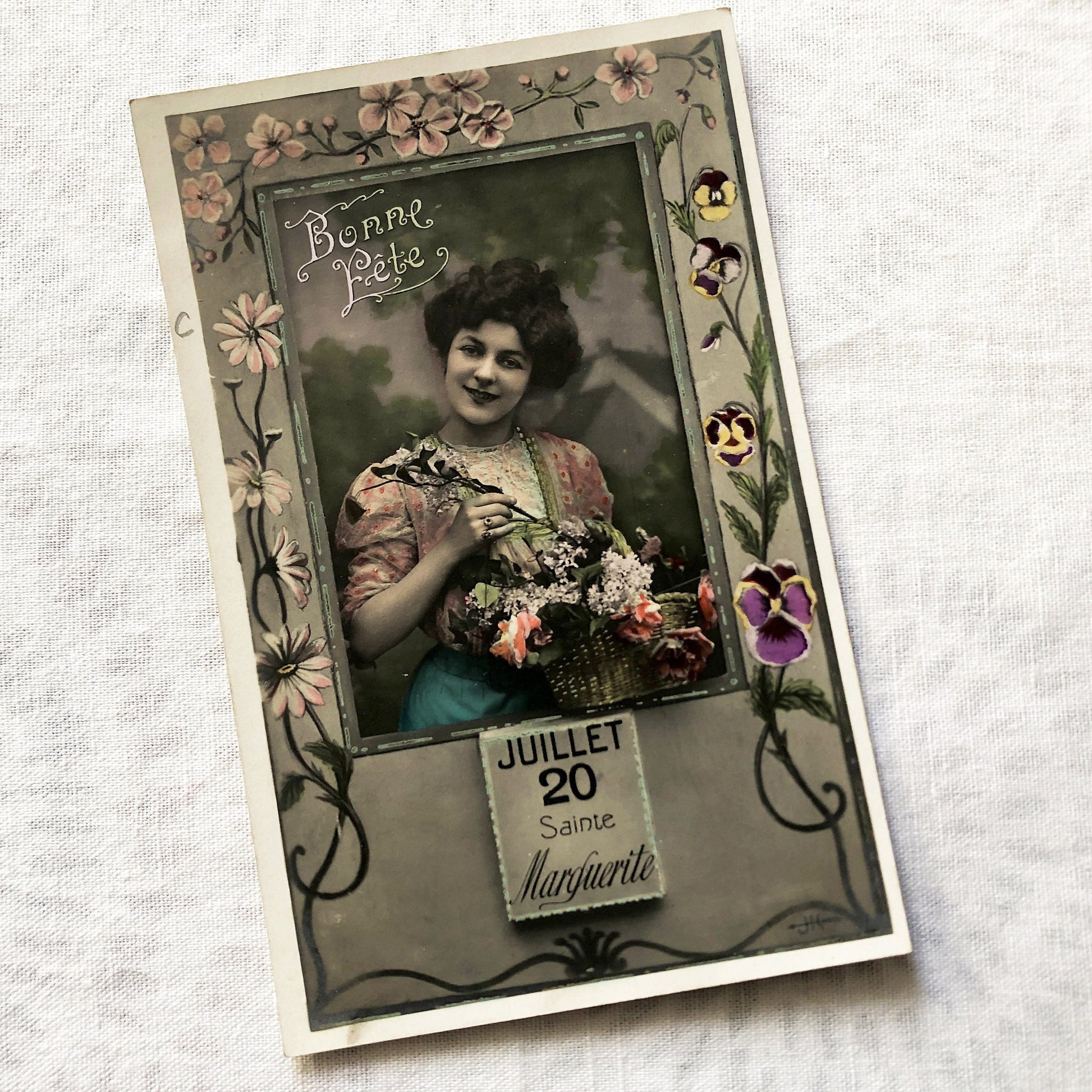 1900s - Vintage French Bonne Fête Postcard - July 20 Saint Marguerite Name Day - Elegant Edwardian Woman with Flowers - Floral Art Nouveau