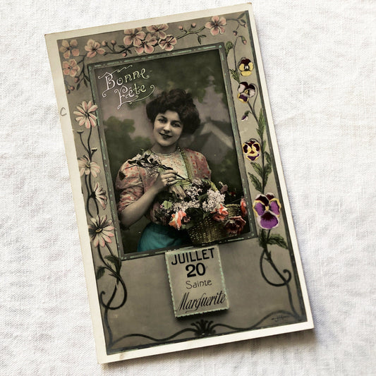 1900s - Vintage French Bonne Fête Postcard - July 20 Saint Marguerite Name Day - Elegant Edwardian Woman with Flowers - Floral Art Nouveau