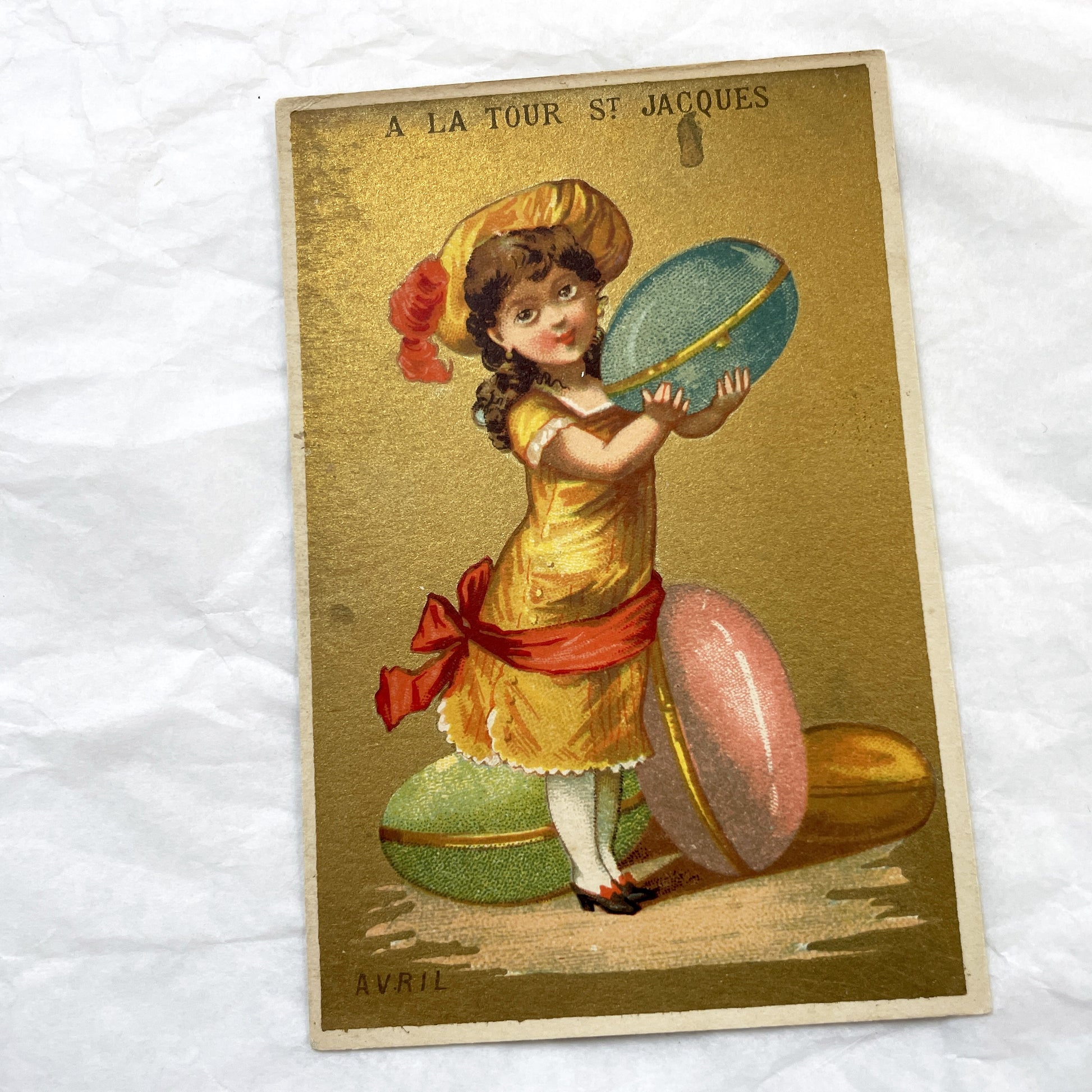 Late 19th - Vintage French Advertising Chromo Card - A La Tour St Jacques Paris - Little Girl with Giant Macarons - Avril Month Ephemera