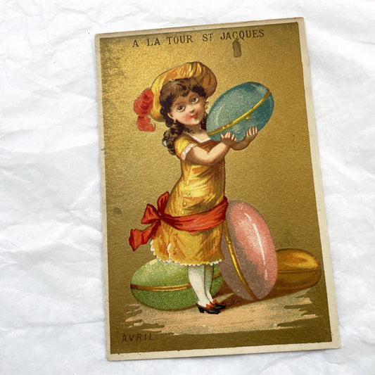 Late 19th - Vintage French Advertising Chromo Card - A La Tour St Jacques Paris - Little Girl with Giant Macarons - Avril Month Ephemera