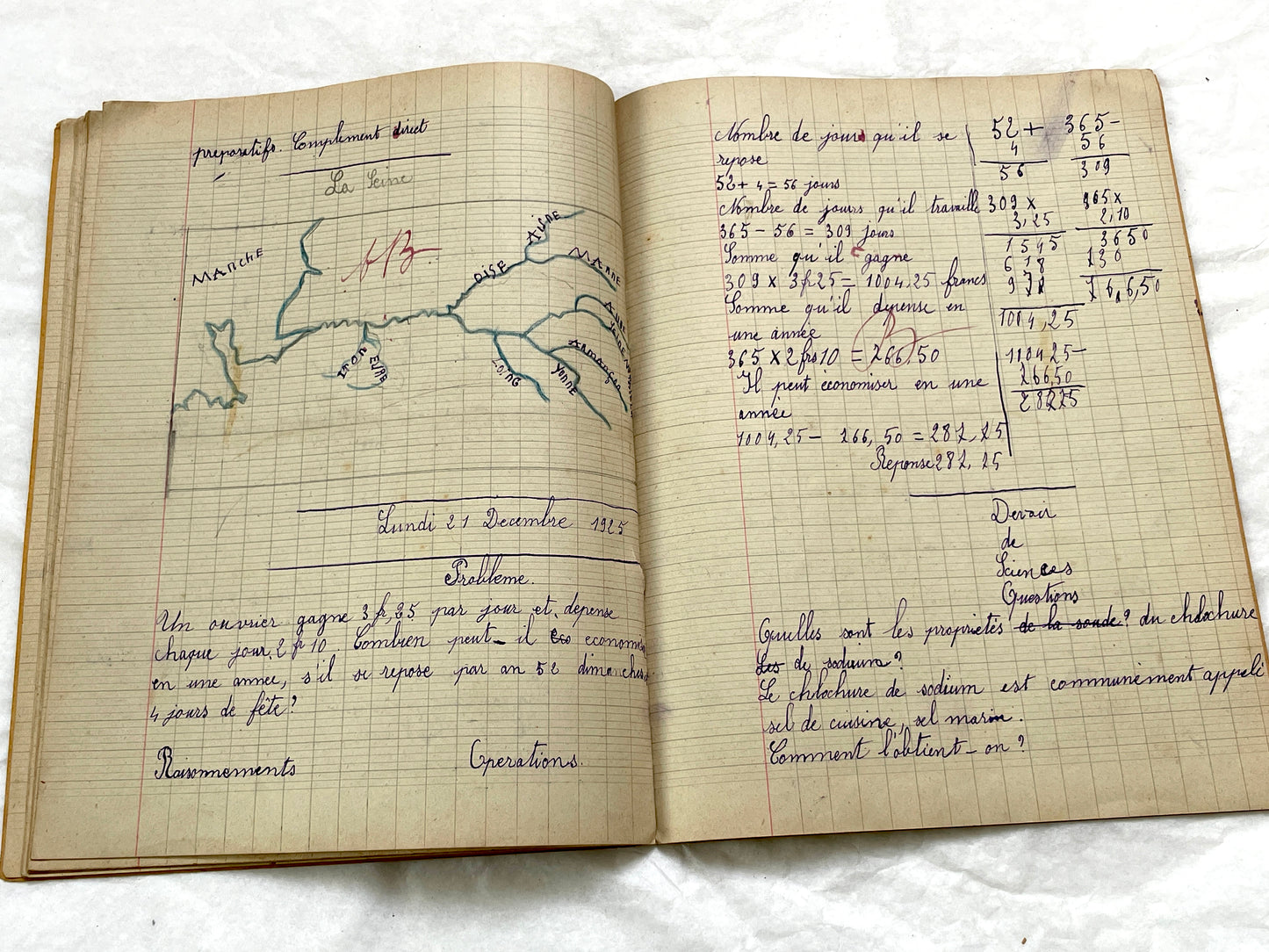 1920s - French School Notebook - Young Girl's Handwritten Lessons in French, Geography, and Math - Vintage Education Ephemera