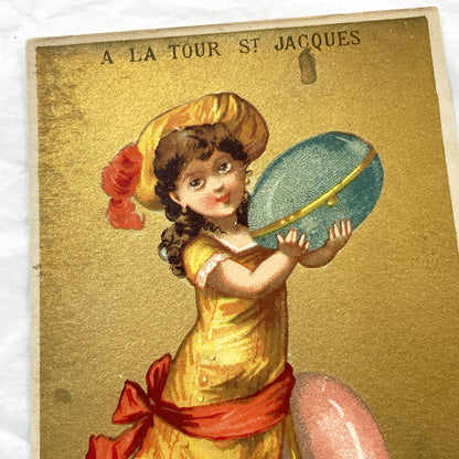 Late 19th - Vintage French Advertising Chromo Card - A La Tour St Jacques Paris - Little Girl with Giant Macarons - Avril Month Ephemera