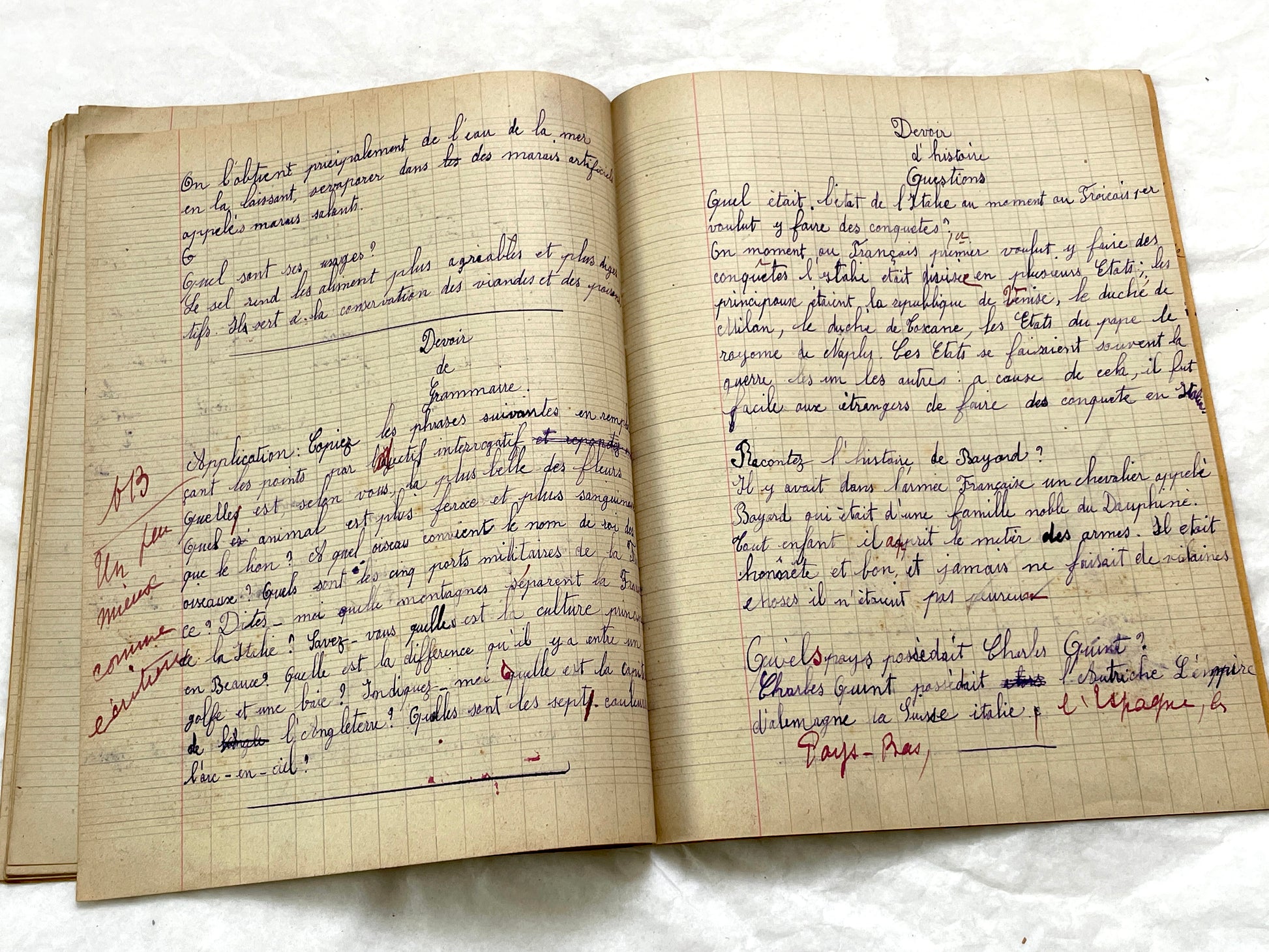 1920s - French School Notebook - Young Girl's Handwritten Lessons in French, Geography, and Math - Vintage Education Ephemera