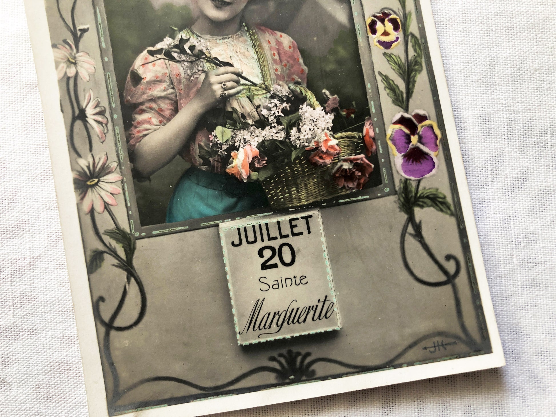 1900s - Vintage French Bonne Fête Postcard - July 20 Saint Marguerite Name Day - Elegant Edwardian Woman with Flowers - Floral Art Nouveau