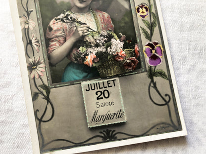 1900s - Vintage French Bonne Fête Postcard - July 20 Saint Marguerite Name Day - Elegant Edwardian Woman with Flowers - Floral Art Nouveau