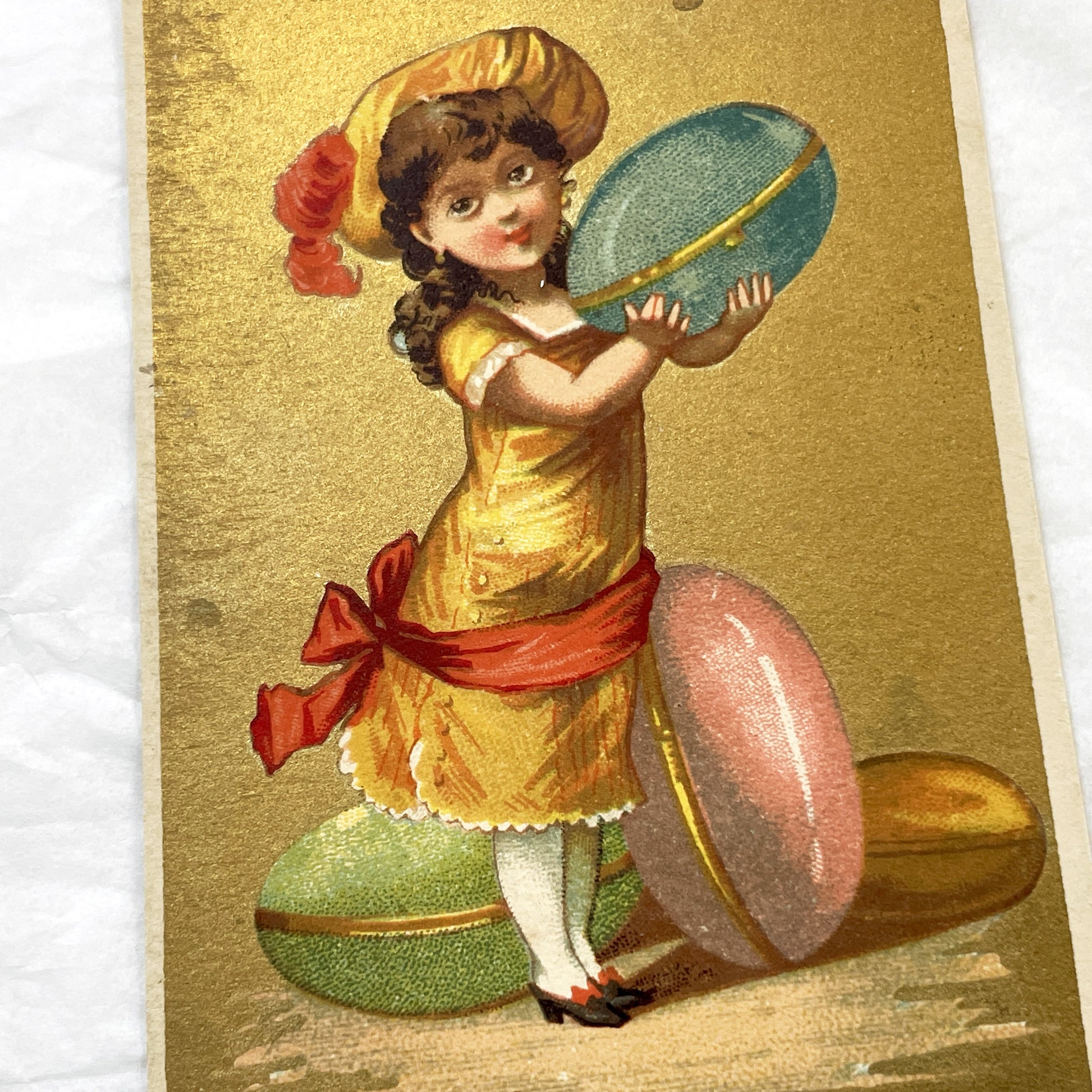 Late 19th - Vintage French Advertising Chromo Card - A La Tour St Jacques Paris - Little Girl with Giant Macarons - Avril Month Ephemera