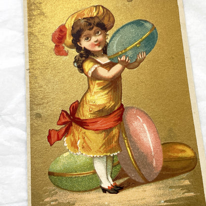 Late 19th - Vintage French Advertising Chromo Card - A La Tour St Jacques Paris - Little Girl with Giant Macarons - Avril Month Ephemera