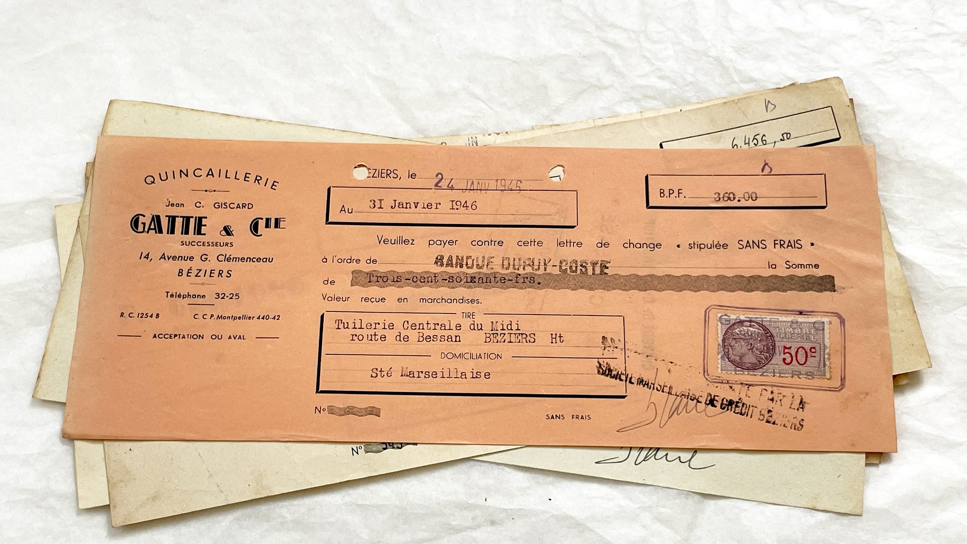 1940s - Lot of 6 Vintage French Bills of Exchange – Handwritten Commercial Documents with Stamps