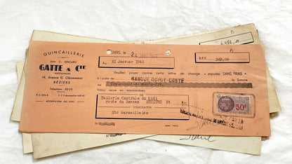 1940s - Lot of 6 Vintage French Bills of Exchange – Handwritten Commercial Documents with Stamps