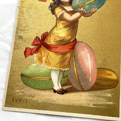 Late 19th - Vintage French Advertising Chromo Card - A La Tour St Jacques Paris - Little Girl with Giant Macarons - Avril Month Ephemera