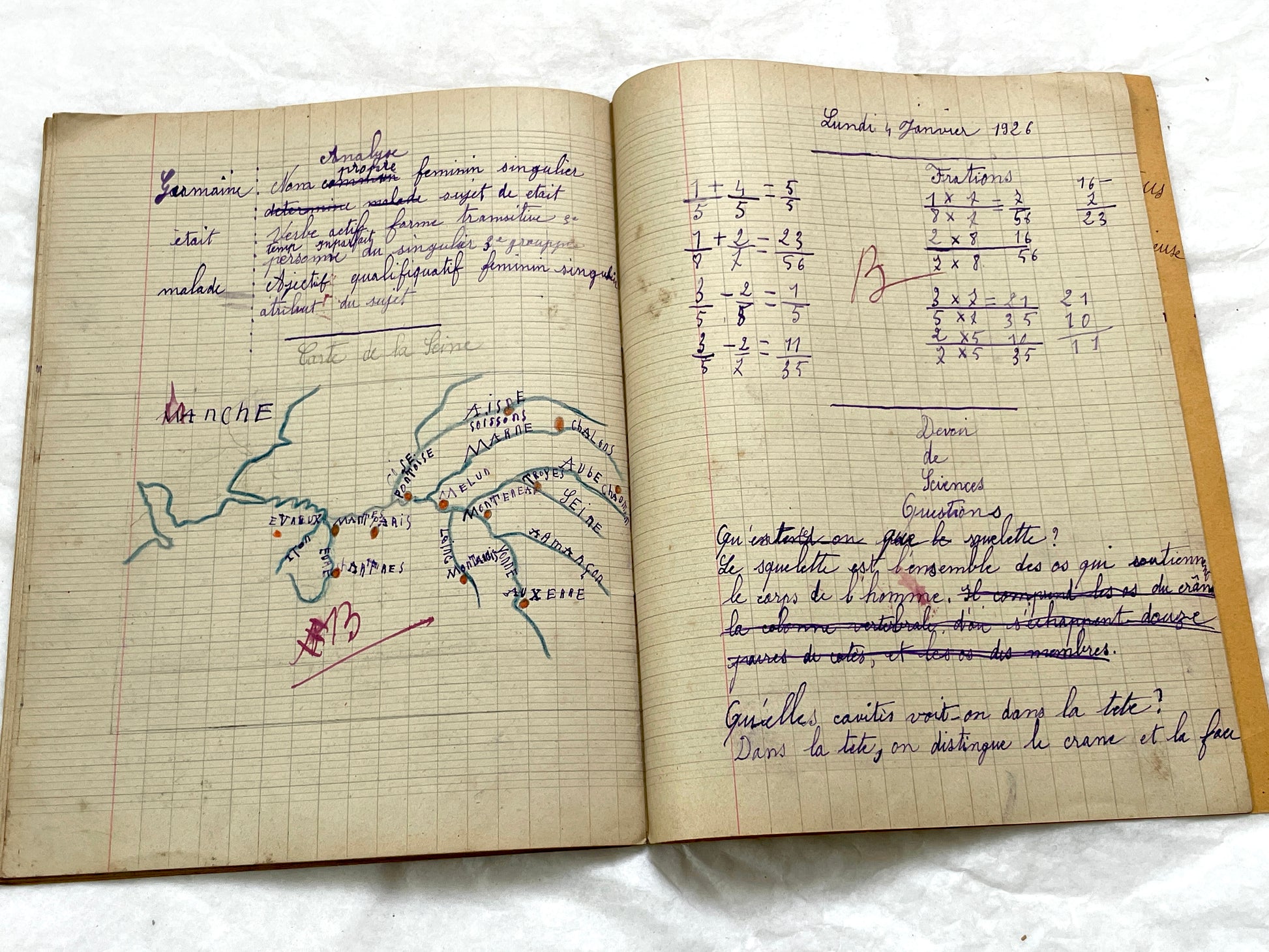 1920s - French School Notebook - Young Girl's Handwritten Lessons in French, Geography, and Math - Vintage Education Ephemera