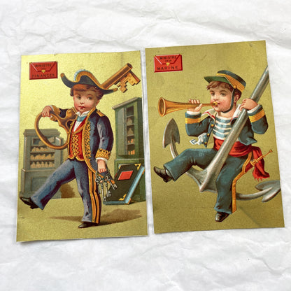 Late 19th - Two French Ministry Of Finance And Navy Vintage Chromos - Allegorical Child Figures - Collectible Art Prints