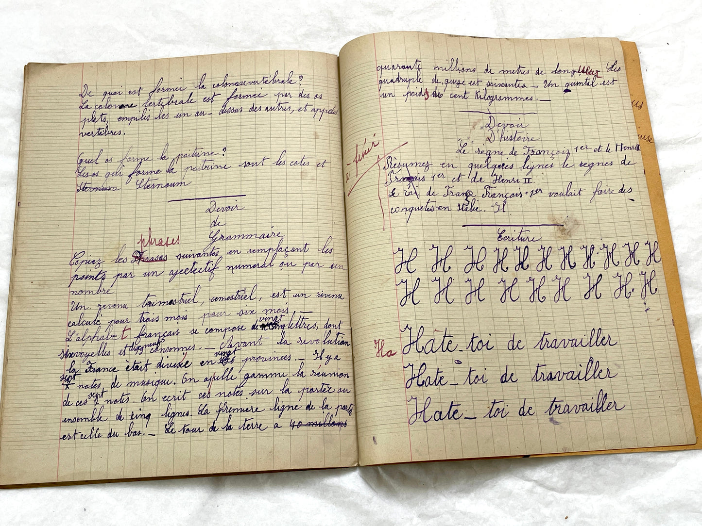 1920s - French School Notebook - Young Girl's Handwritten Lessons in French, Geography, and Math - Vintage Education Ephemera