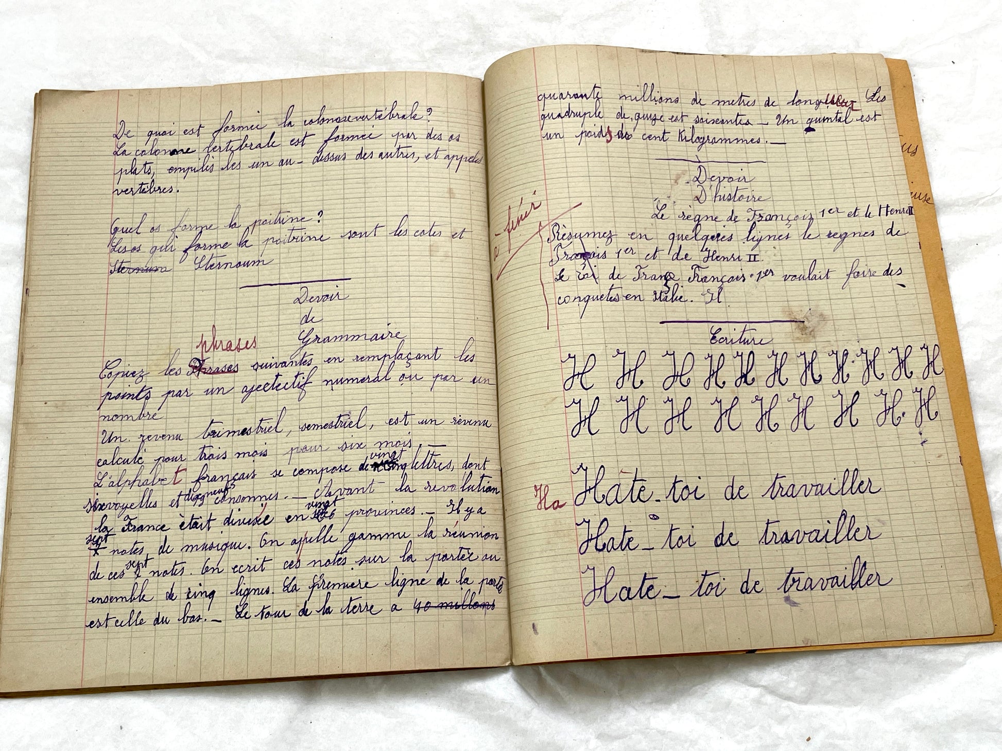 1920s - French School Notebook - Young Girl's Handwritten Lessons in French, Geography, and Math - Vintage Education Ephemera