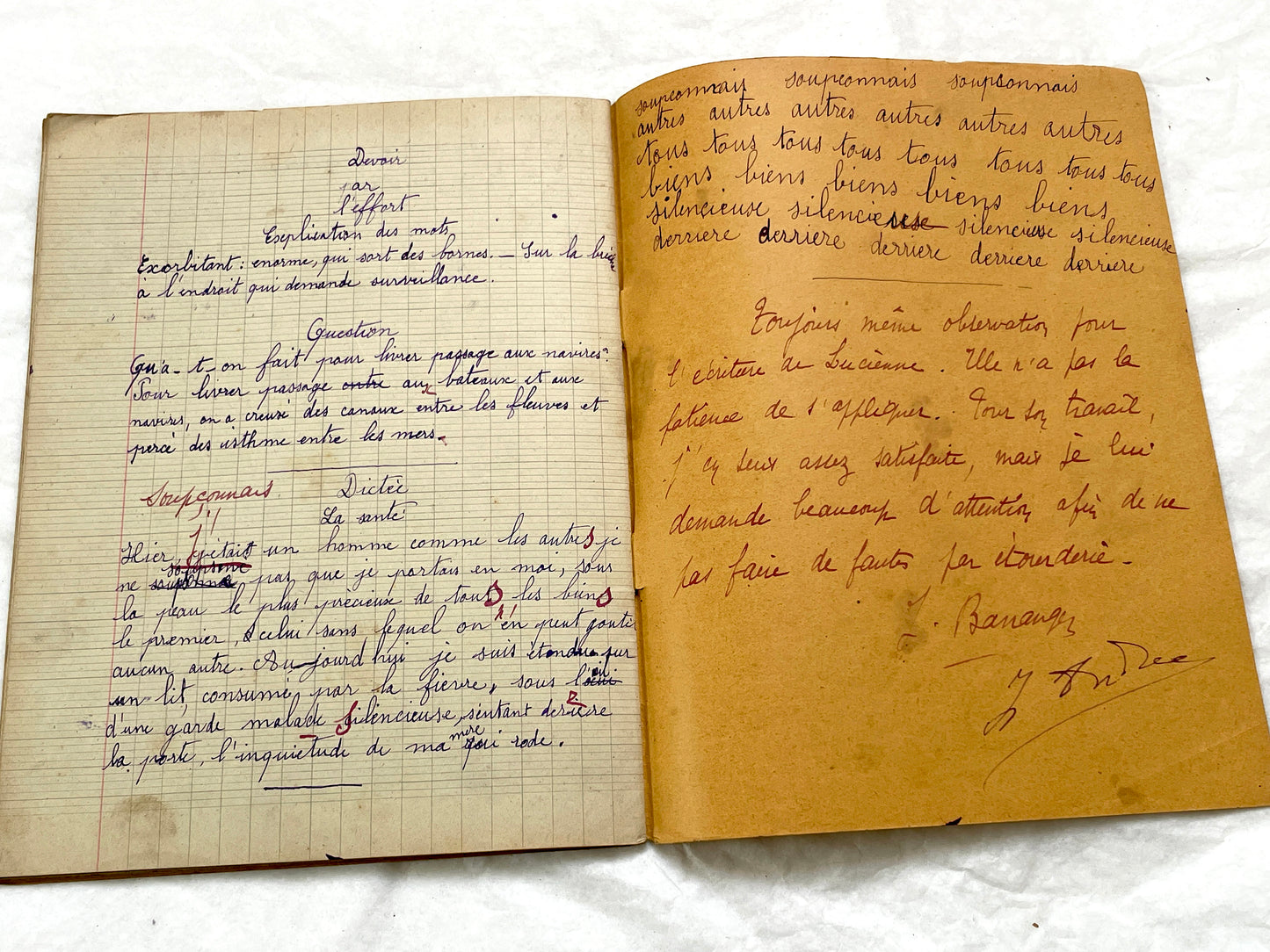 1920s - French School Notebook - Young Girl's Handwritten Lessons in French, Geography, and Math - Vintage Education Ephemera