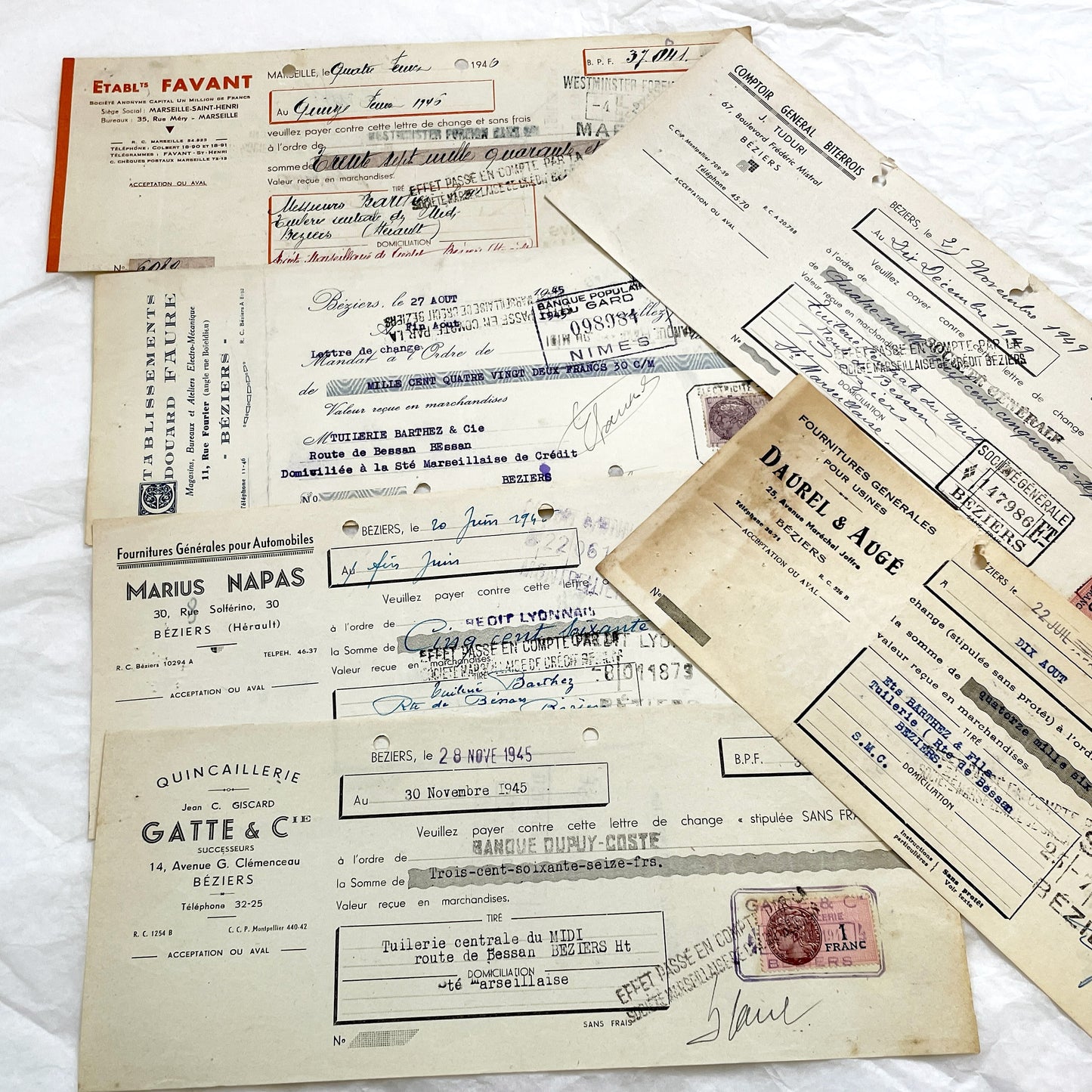 1940s - Lot of 6 Vintage French Bills of Exchange – Handwritten Commercial Documents with Stamps