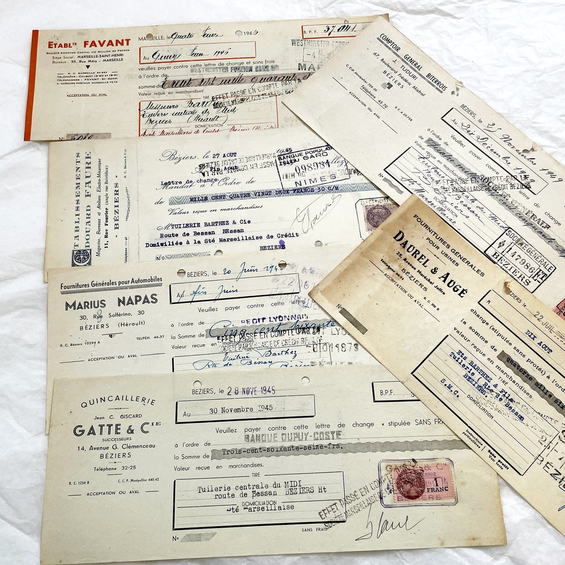1940s - Lot of 6 Vintage French Bills of Exchange – Handwritten Commercial Documents with Stamps