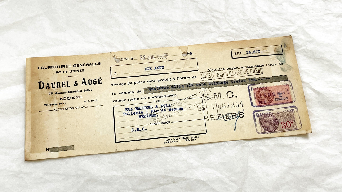 1940s - Lot of 6 Vintage French Bills of Exchange – Handwritten Commercial Documents with Stamps