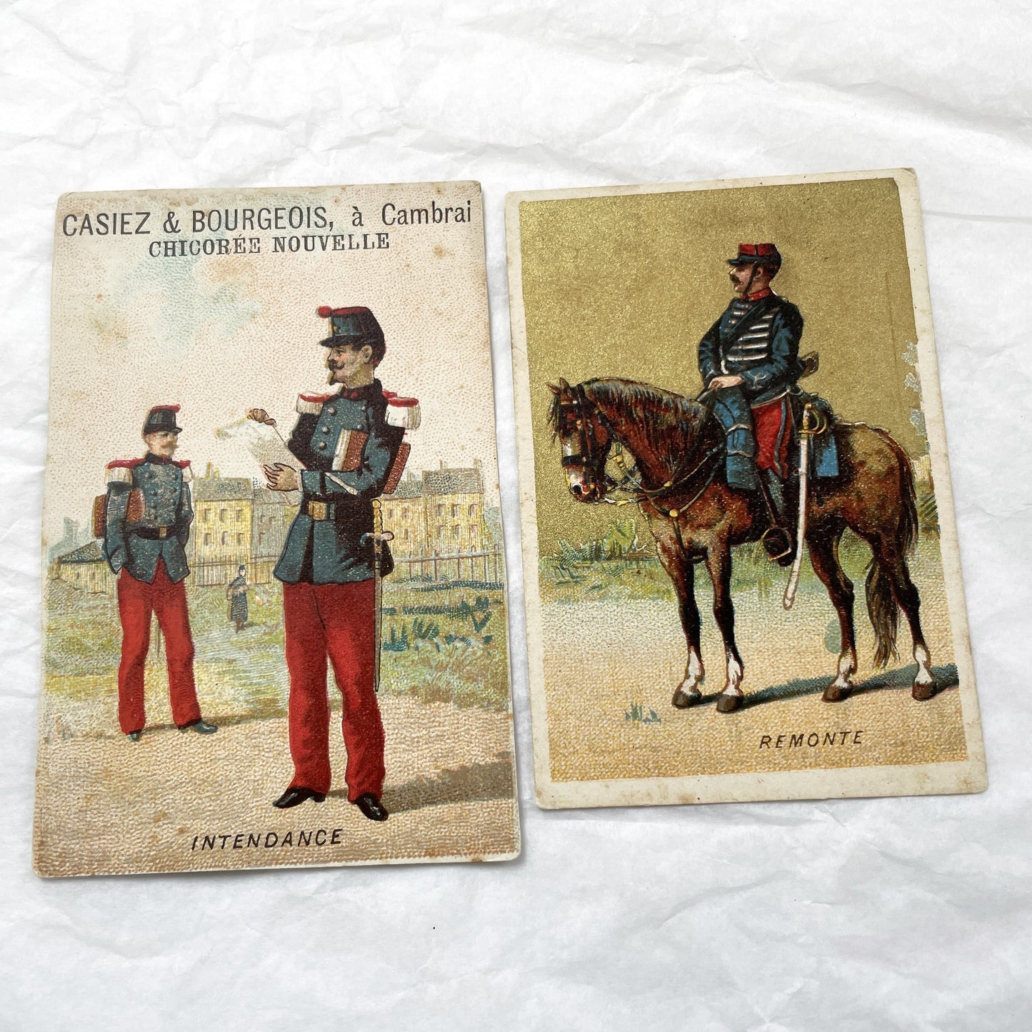 Late 19th - French Military Uniforms Chromo Advertising Card - Casiez & Bourgeois Chicory - Intendance Remonte Antique Ephemera