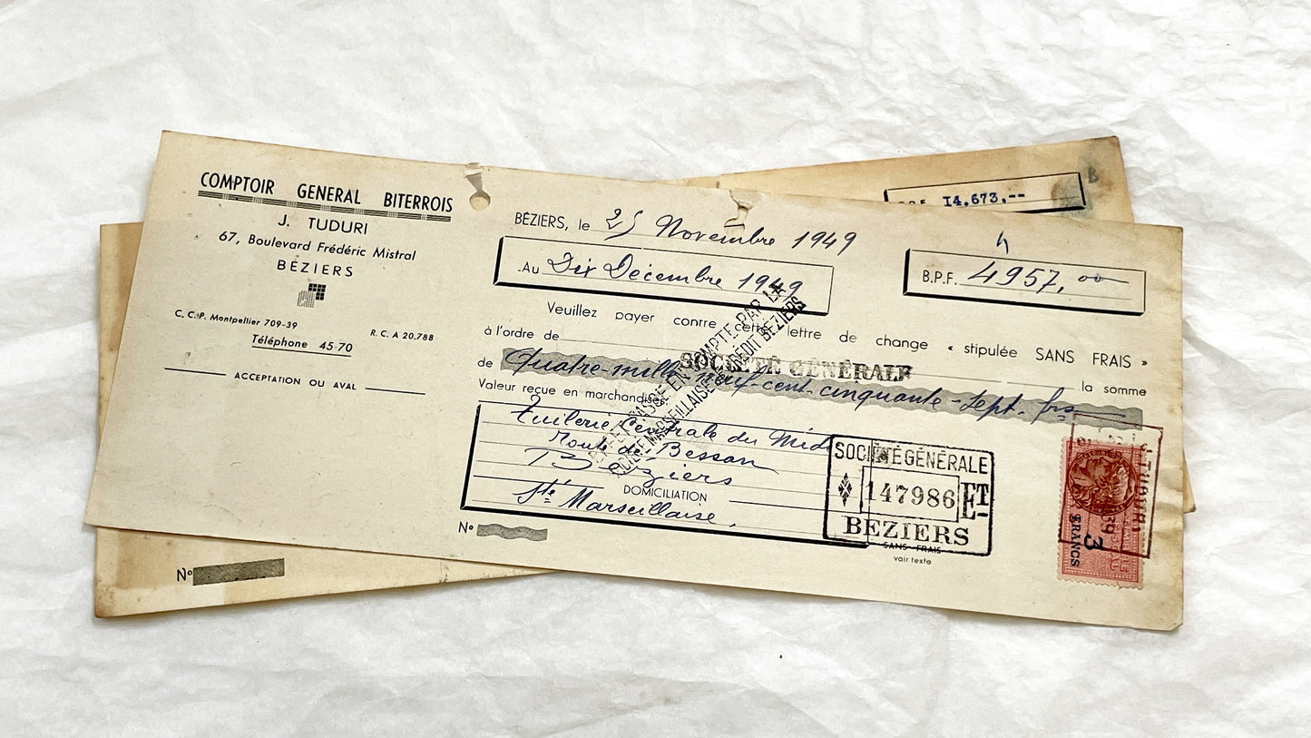 1940s - Lot of 6 Vintage French Bills of Exchange – Handwritten Commercial Documents with Stamps