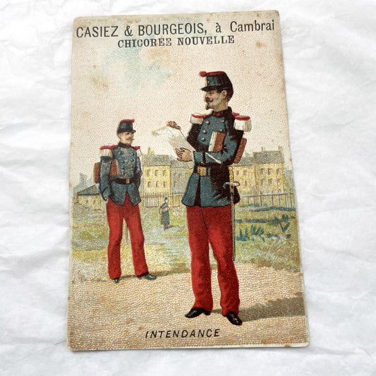 Late 19th - French Military Uniforms Chromo Advertising Card - Casiez & Bourgeois Chicory - Intendance Remonte Antique Ephemera