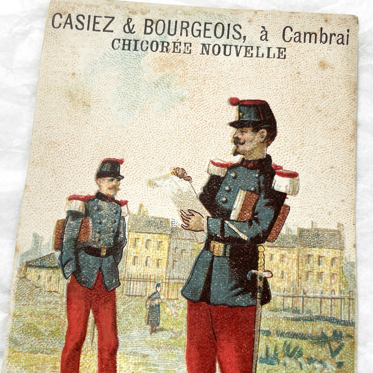 Late 19th - French Military Uniforms Chromo Advertising Card - Casiez & Bourgeois Chicory - Intendance Remonte Antique Ephemera