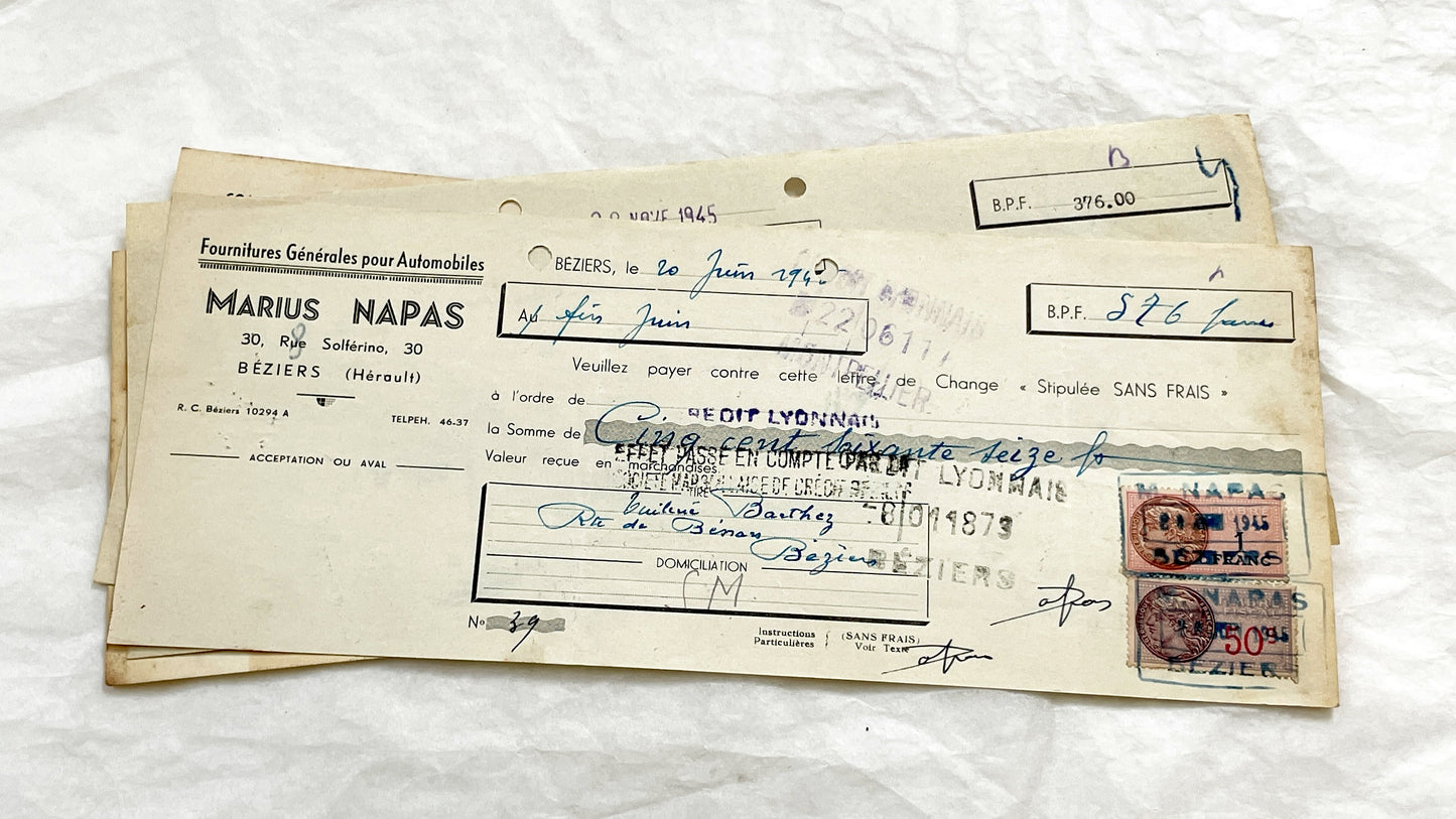 1940s - Lot of 6 Vintage French Bills of Exchange – Handwritten Commercial Documents with Stamps
