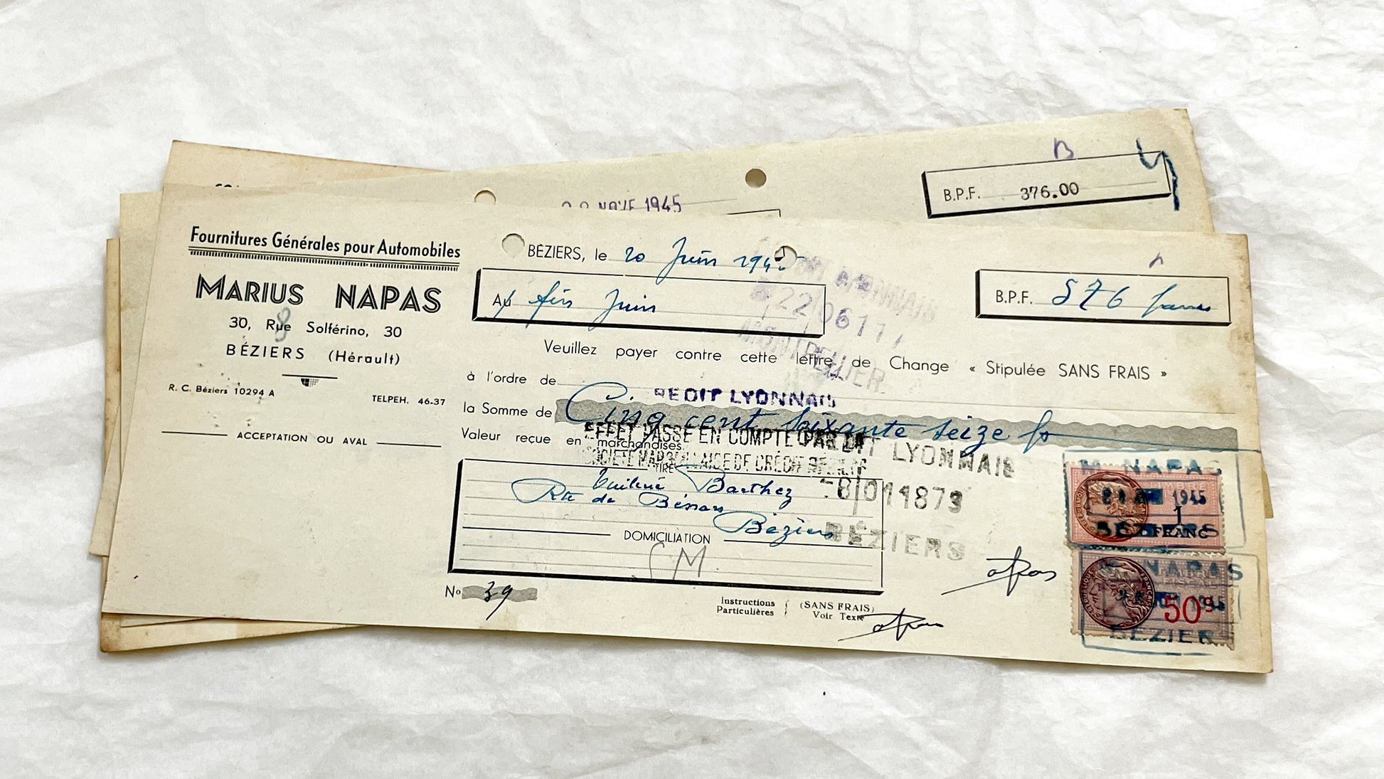 1940s - Lot of 6 Vintage French Bills of Exchange – Handwritten Commercial Documents with Stamps