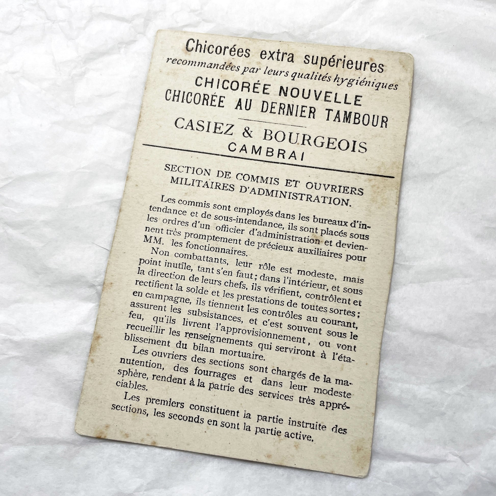 Late 19th - French Military Uniforms Chromo Advertising Card - Casiez & Bourgeois Chicory - Intendance Remonte Antique Ephemera