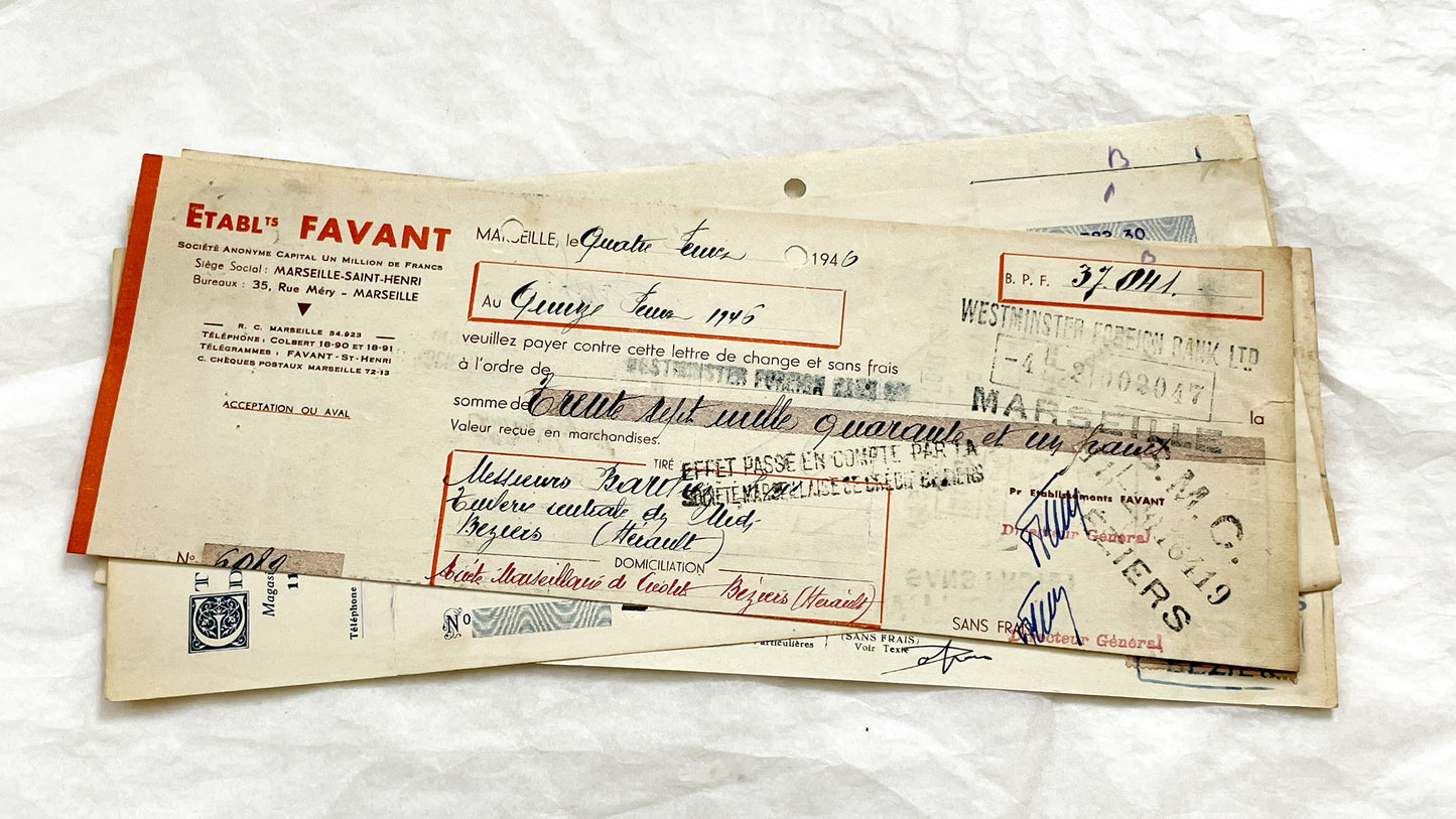 1940s - Lot of 6 Vintage French Bills of Exchange – Handwritten Commercial Documents with Stamps