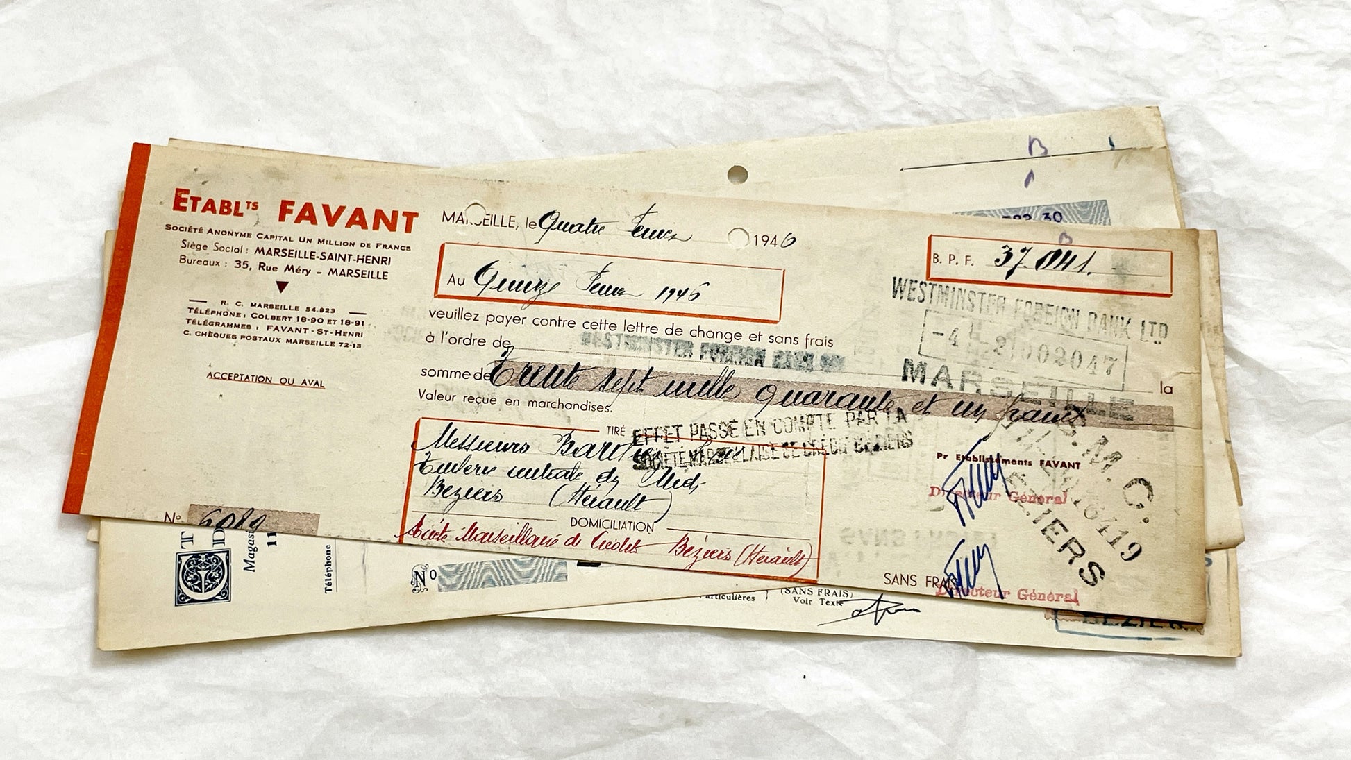 1940s - Lot of 6 Vintage French Bills of Exchange – Handwritten Commercial Documents with Stamps