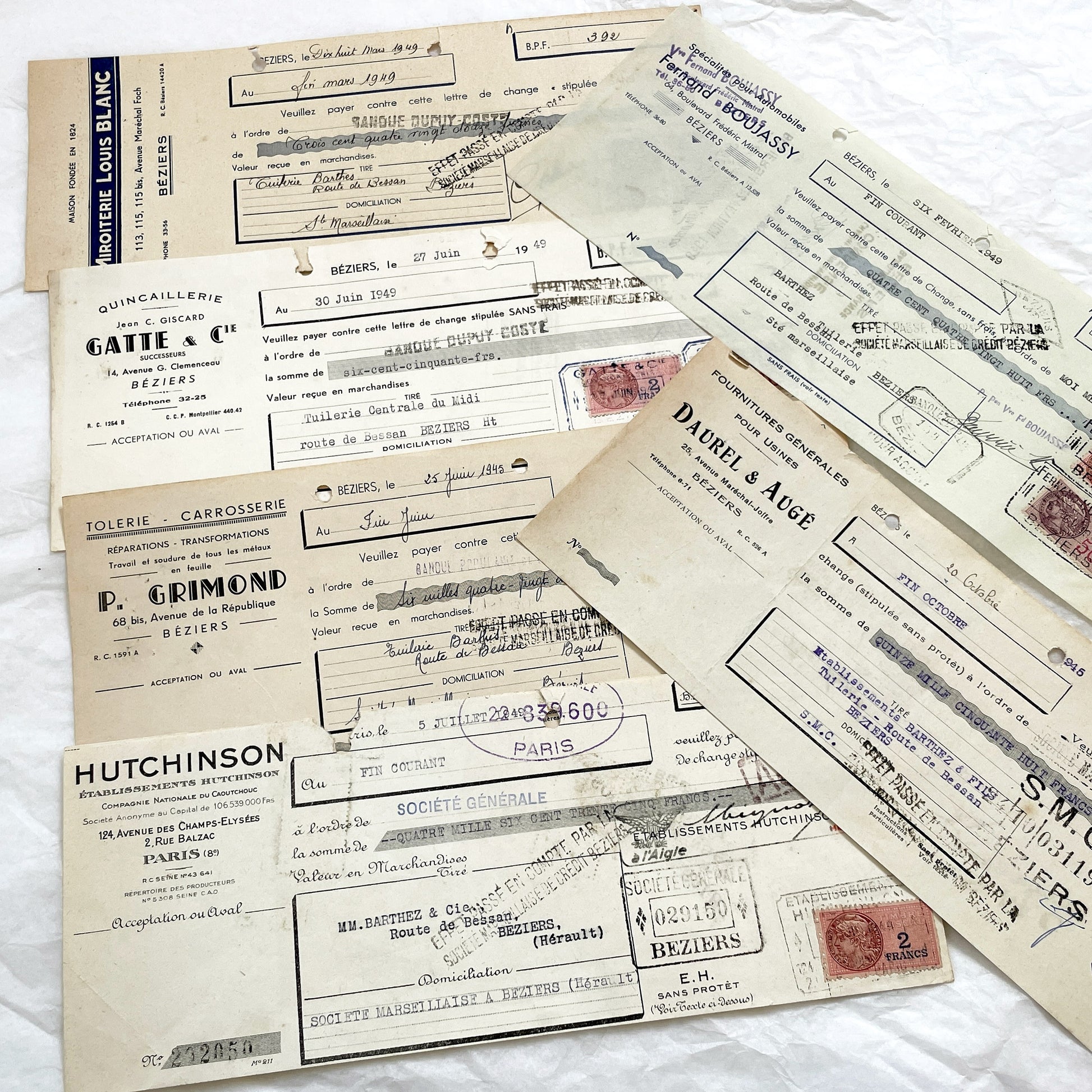 1940s - Lot of 6 Vintage French Bills of Exchange – Handwritten Commercial Documents with Stamps