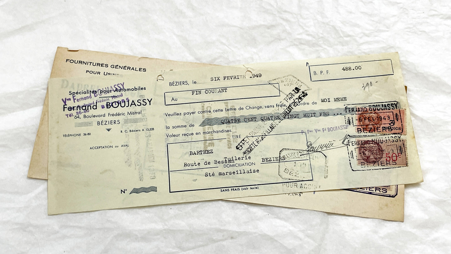 1940s - Lot of 6 Vintage French Bills of Exchange – Handwritten Commercial Documents with Stamps