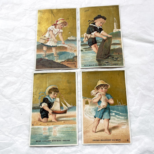 Late 19th - Antique French Chromos - Set of Four Vintage Children Beach Seaside Gold Background Illustrations - Collectible Art Print