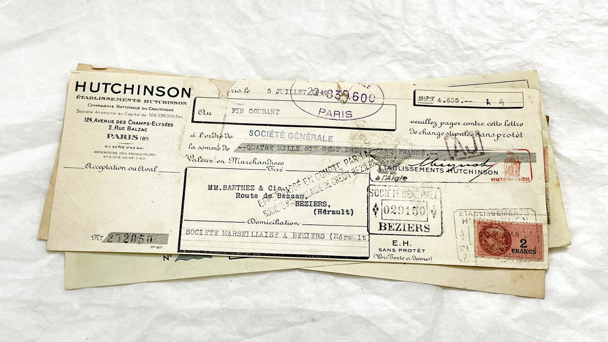 1940s - Lot of 6 Vintage French Bills of Exchange – Handwritten Commercial Documents with Stamps