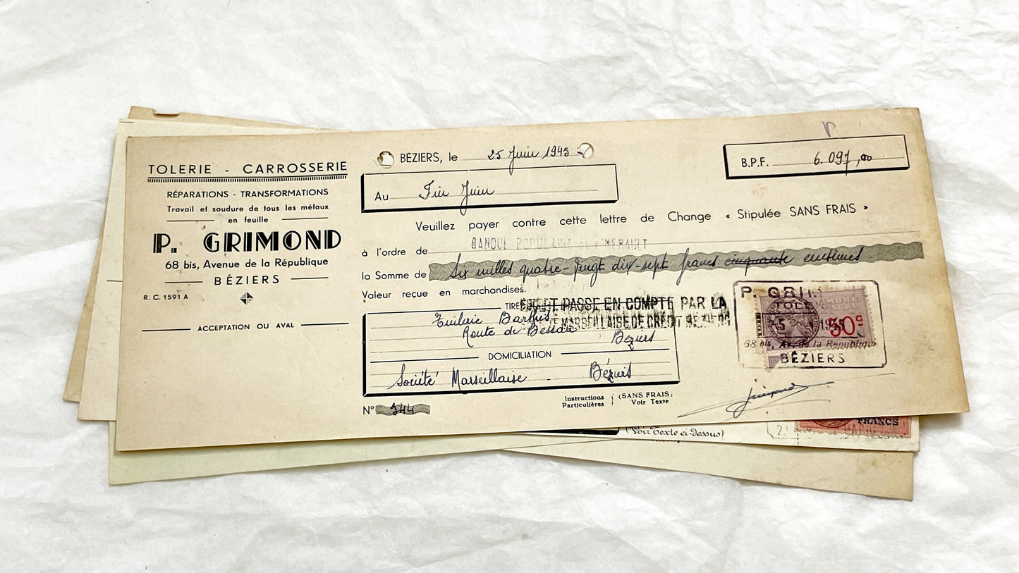 1940s - Lot of 6 Vintage French Bills of Exchange – Handwritten Commercial Documents with Stamps