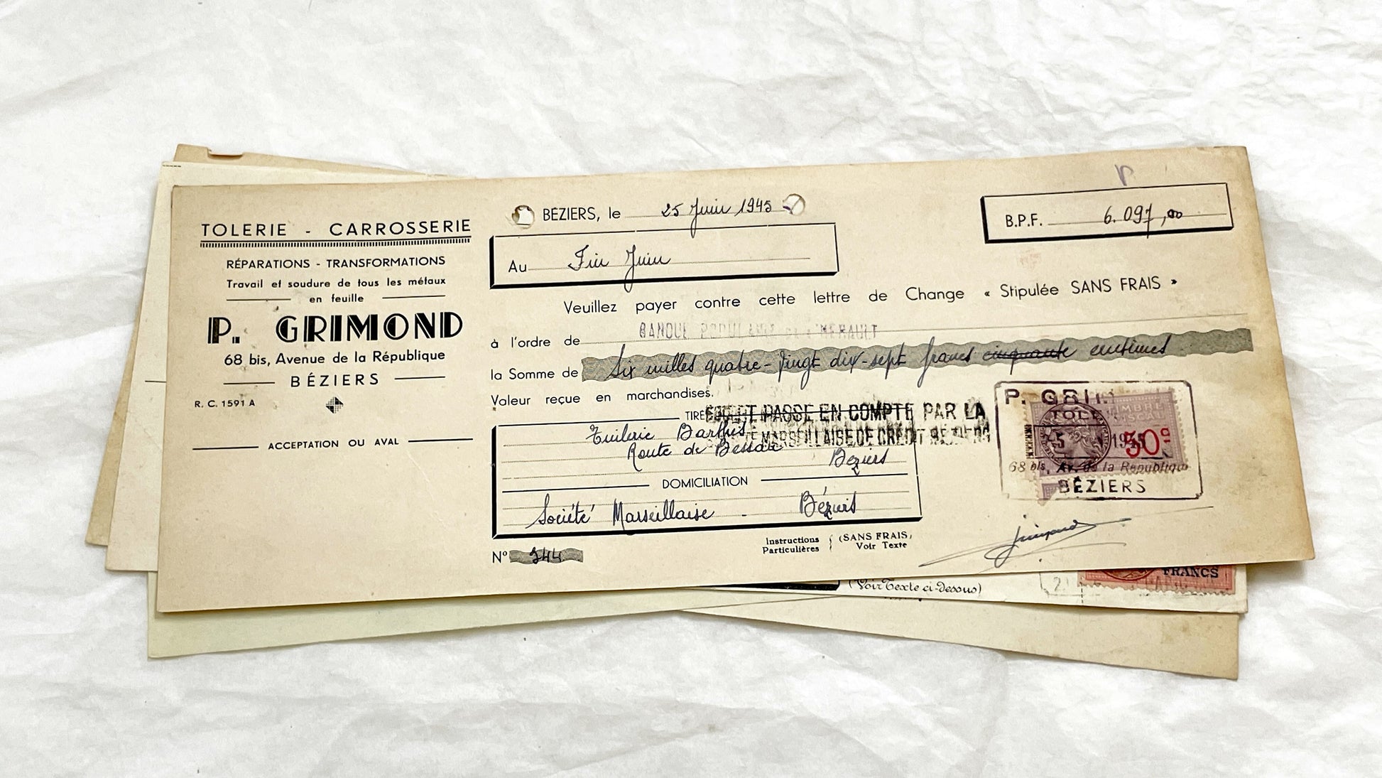 1940s - Lot of 6 Vintage French Bills of Exchange – Handwritten Commercial Documents with Stamps