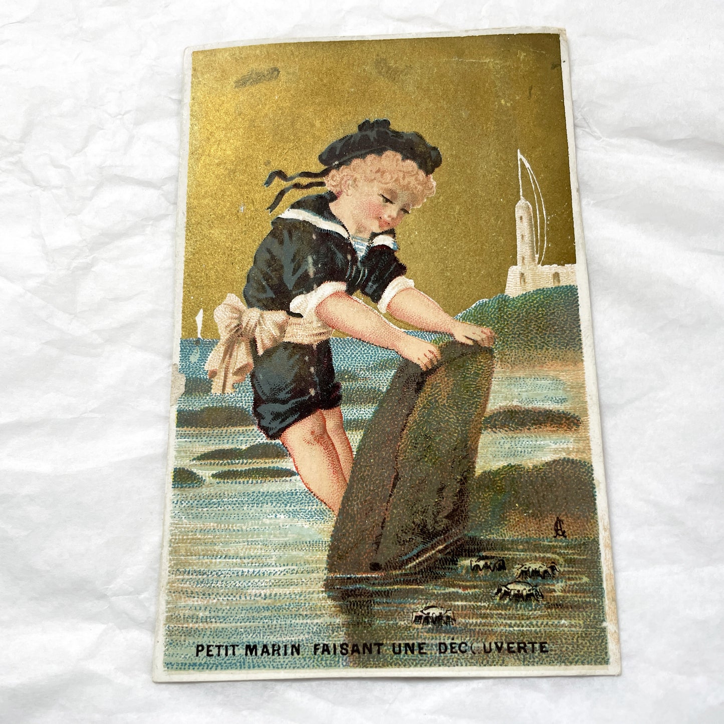 Late 19th - Antique French Chromos - Set of Four Vintage Children Beach Seaside Gold Background Illustrations - Collectible Art Print