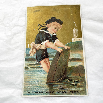 Late 19th - Antique French Chromos - Set of Four Vintage Children Beach Seaside Gold Background Illustrations - Collectible Art Print